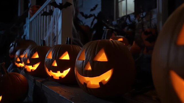 Illuminated carved pumpkins on display at dusk for autumnal holiday