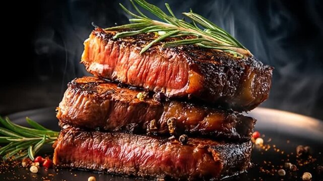 A beautifully plated stack of grilled steak garnished with fresh rosemary, surrounded by a smoky background, showcasing a gourmet dining experience ideal for culinary promotions