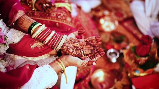 Ceremony of Wearing Turmeric Thread on hand of bride. Marathi Wedding Ceremony. Maharashtra Culture. Hindu wedding rituals and ceremony
