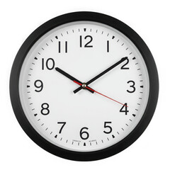 Classic analog wall clock with black frame isolated on transparent background