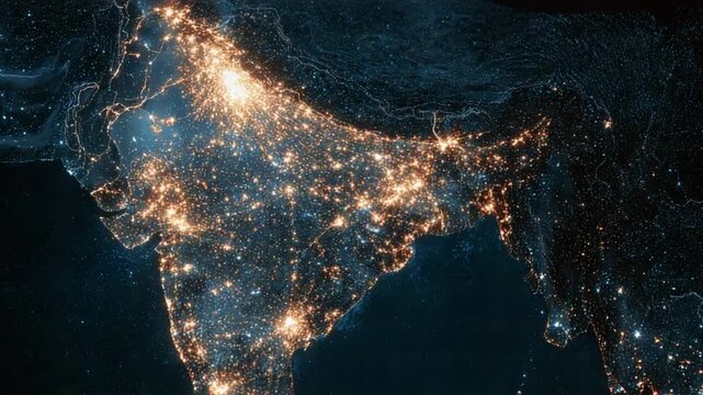 A satellite view of India at night, with illuminated cities and towns