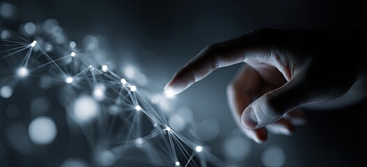 A hand interacts with a network of glowing nodes and lines.  A finger touches a light point in a complex system of connections