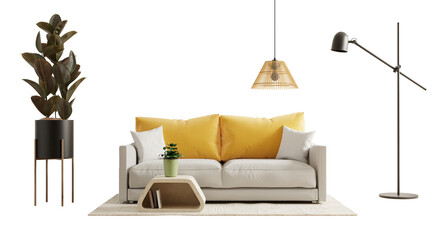 Beige sofa with two bright yellow throw pillows and a light-colored blanket draped over it on transparent background- 3D rendering.