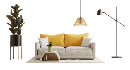 Beige sofa with two bright yellow throw pillows and a light-colored blanket draped over it on transparent background- 3D rendering.