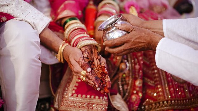 Ceremony of Wearing Turmeric Thread on hand of bride. Marathi Wedding Ceremony. Maharashtra Culture. Hindu wedding rituals and ceremony
