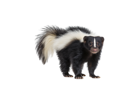 A playful skunk with distinctive markings and a curious expression

