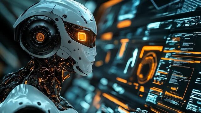 Robot analyzing data futuristic screen.
