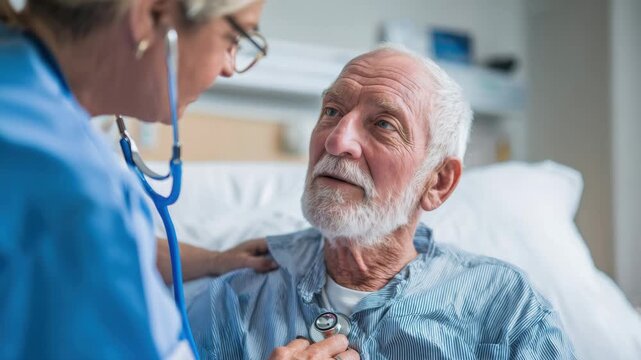 A nurse checks the heart rate of an elderly man in a hospital room. The caring interaction highlights the importance of healthcare in patient recovery and comfort.