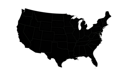 Black silhouette of the United States of America map showing state borders, isolated on white.
