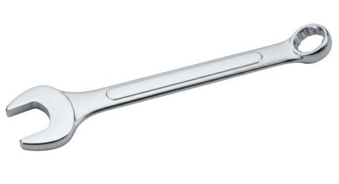 A shiny metal wrench with an open end and a box end shown against a black background with a slight blue tint