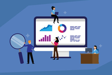 A team of business professionals analyzing data and charts on a large computer screen, symbolizing data analysis, business intelligence, and teamwork 2d flat vector illustration