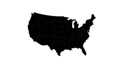 Black silhouette map of the United States showing all fifty states.