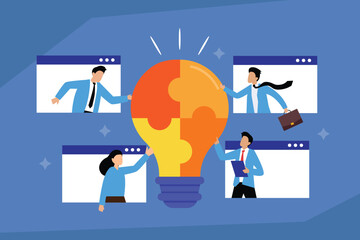 A team of business professionals working together through web browser windows to complete a puzzle-shaped light bulb 2d flat vector illustration