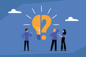Three confused people standing around a broken light bulb that has formed a question mark, symbolizing a lack of ideas, business problems, or a lack of innovation 2d flat vector illustration