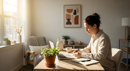 Woman Working at Home at Wooden Desk.
