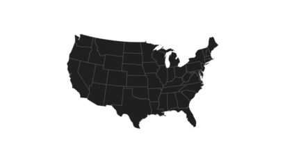 Black silhouette map of the United States of America on a white background.