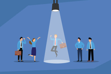 A businessman in a spotlight, celebrating a job promotion or a new opportunity while his colleagues look on, symbolizing career success and professional recognition 2d flat vector illustration