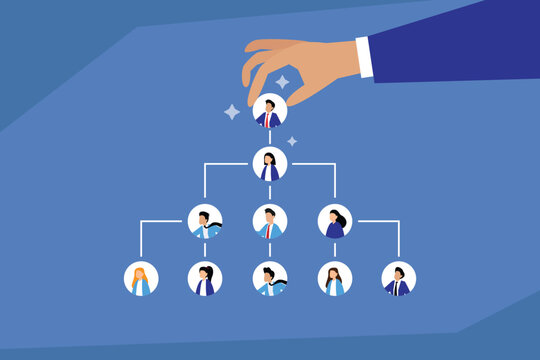 A giant hand placing a new employee on the top of an organizational chart, symbolizing the concept of hiring, promotion, and human resources management 2d flat vector illustration