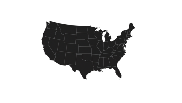 Black silhouette map of the United States of America on a white background.