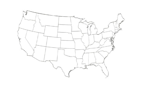 A simple line drawing map of the contiguous United States, showing state borders.