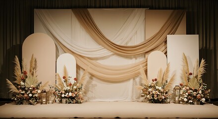 Romantic and elegant wedding stage design with beautiful draped fabric, arches, and lush floral arrangements for a ceremony
