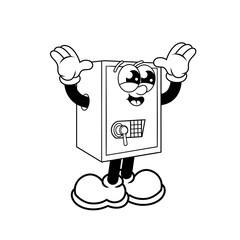 Retro character design of cheerful safe box outline