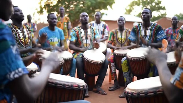 Energetic Drum Circle: Vibrant African Culture Celebration through Rhythmic Drumming and Community