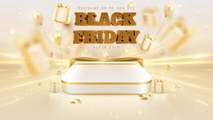 Empty gold gift box shape podium with 3d element and light beam decoration with bokeh effect, Black friday banner template background, Luxury design concept.