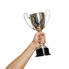 Hand holding a silver trophy isolated on transparent background