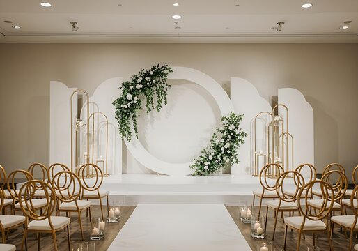 Beautifully designed wedding ceremony setting with elegant floral arrangements and seating
