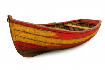 Weathered wooden boat with faded red and yellow stripes, resting on transparent surface, showcasing nautical vintage charm