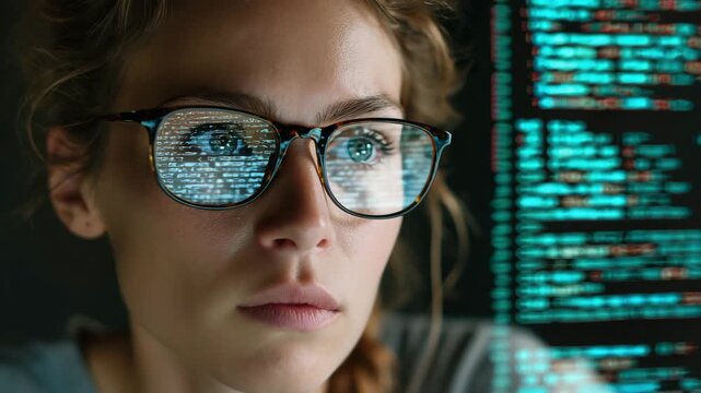 In a dim workspace, a focused woman examines lines of code reflected in her glasses. The screen glows brightly, illuminating her features as she engages in deep analysis late at night.