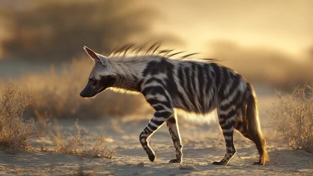 Majestic Striped Hyena Stands Proudly in Golden Desert Sunlight, Ears Alert