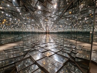 Reflective corridor with numerous glass panels and lights.