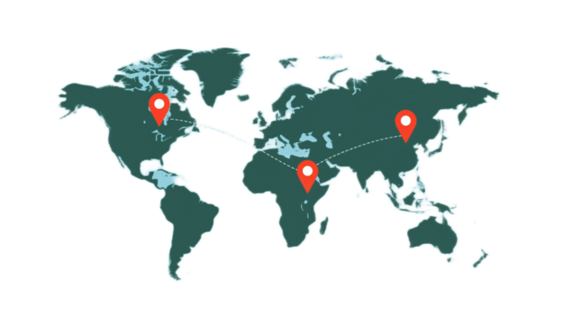 A stylized world map highlighting locations with red markers connected by lines, representing global connections.