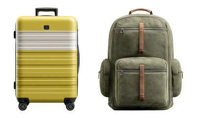 Stylish Yellow Suitcase and Olive Green Backpack on Transparent Background