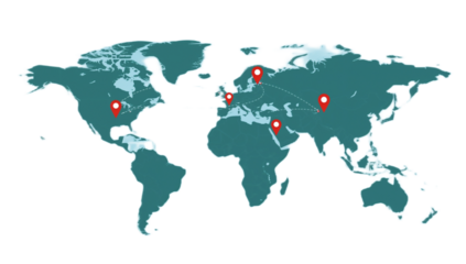 A world map illustration with red location pins indicating various points across continents, connected by faint lines.