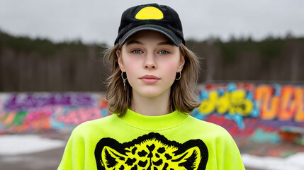 Youthful Trendsetter in Bright Streetwear Hat in Urban Graffiti Skatepark