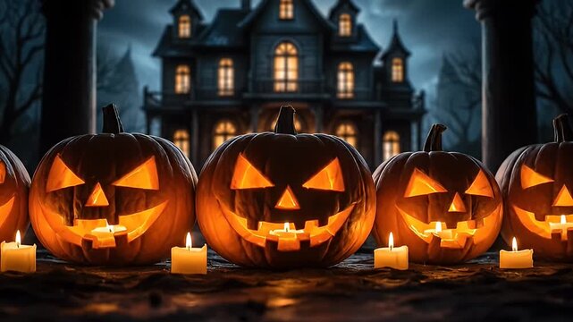 Glowing pumpkins with carved faces in front of a gothic building