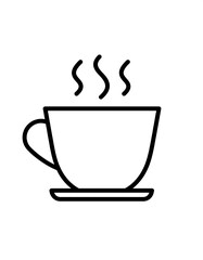 Hot beverage cup, saucer, steam, simple line art