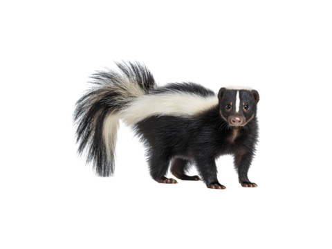 A playful skunk with distinctive markings and a curious expression

