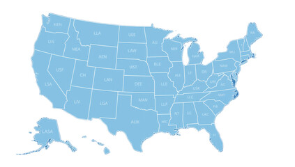 A map of the United States of America, with each state highlighted in a light blue color and labeled with its abbreviation.