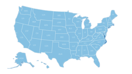 A map of the United States of America, with each state highlighted in a light blue color and labeled with its abbreviation.
