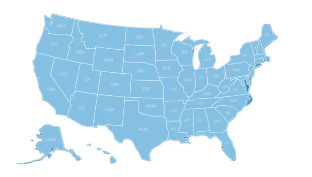 A map of the United States of America, with each state highlighted in a light blue color and labeled with its abbreviation.