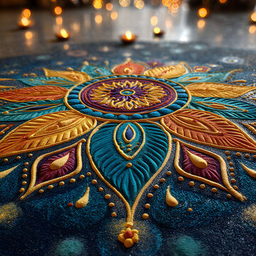 Rangoli or muggu or kolam is an art form originatingin the Indian subcontinent Patterns are created on te floor or the ground usin materials such as limestoe powder, rice powder or fower petals.