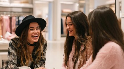 Three friends are sharing laughter and enjoying each other's company while trying on outfits in a stylish boutique. Their vibrant energy makes the shopping experience memorable and fun.