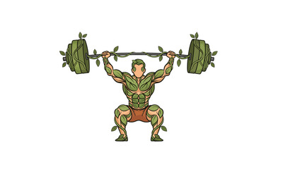 Fototapeta premium Eco-conscious botanical vector of Olympic weightlifter lifting barbell with vine-shaped accents, flat earthy tones, white background.