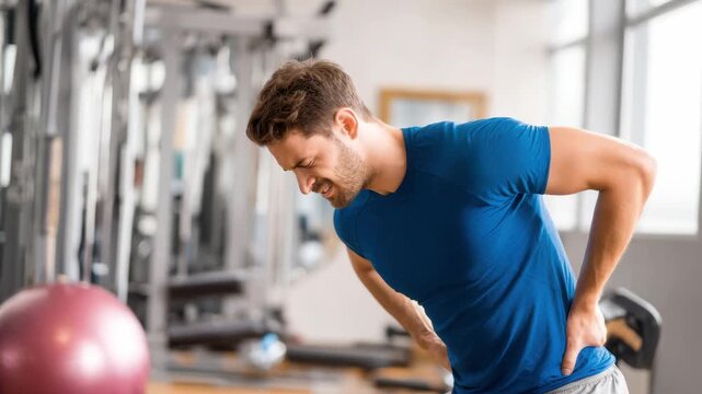 A man in a blue shirt is at the gym, looking concerned as he rubs his lower back after lifting weights. The gym is well-equipped and bright with natural light.