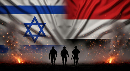 Israel And Yemen Split Screen Fabric Flags With Soldier Silhouettes Sparks Smoke And Dark Battlefield Conflict Scene JPG