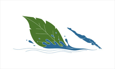 Whisk_e9b7a46Eco-conscious botanical vector of swimmer diving into water with leaf-shaped splash, flat minimal earthy tones, white background.e0e.eps